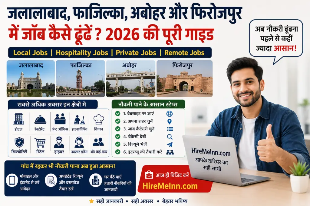 जलालाबाद, फाजिल्का, अबोहर और फिरोजपुर में नौकरी कैसे खोजें 2026 गाइड – Local Jobs, Hotel Jobs, Hospitality Jobs, Private Jobs और HireMeInn.com पर ऑनलाइन जॉब सर्च की जानकारी दिखाता हुआ रंगीन इन्फोग्राफिक।"